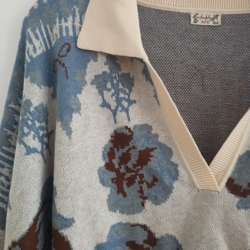 Free People Fuzzy Feeling Polo Sweater Cropped Floral Knit Top
